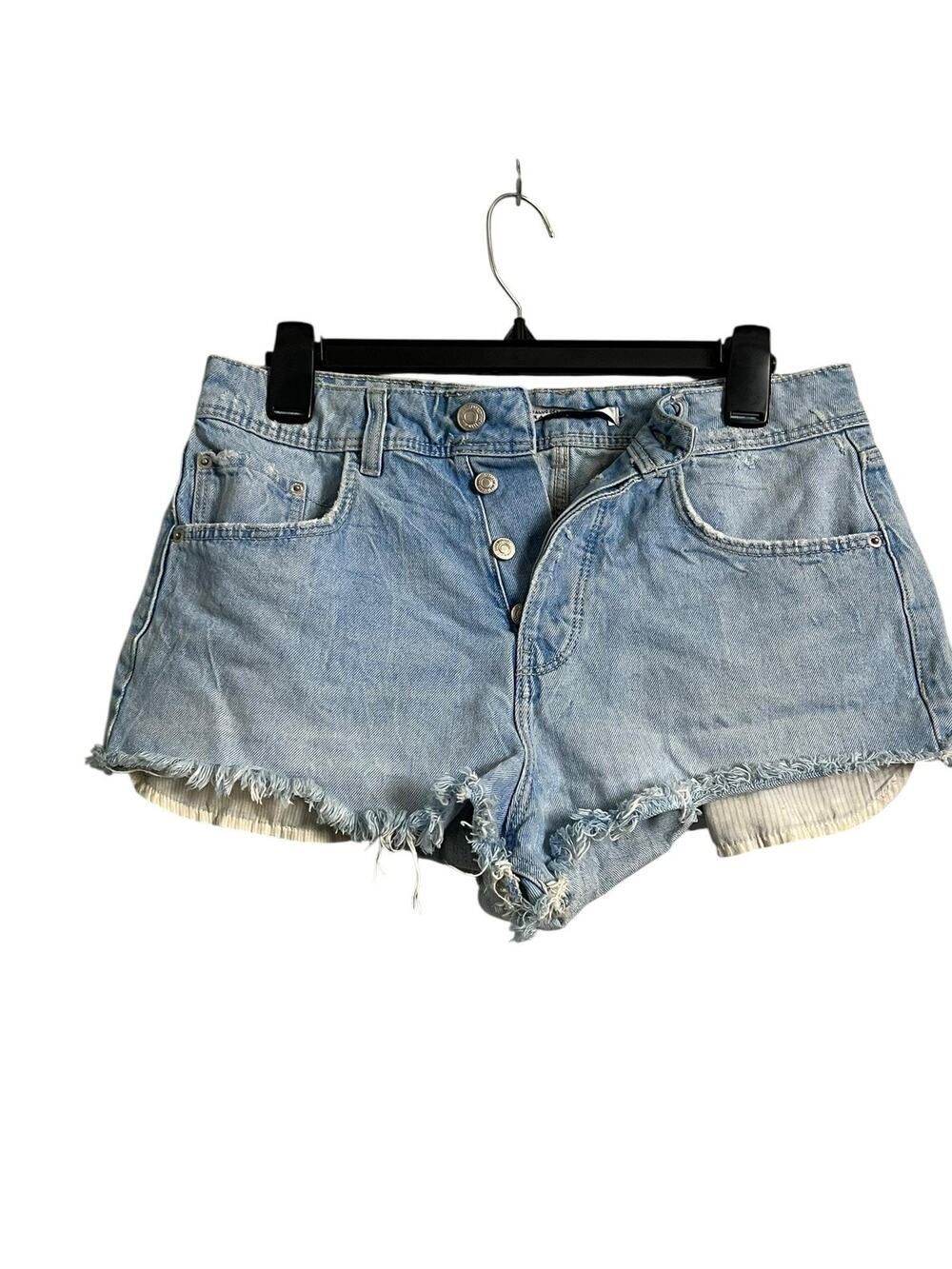 Zara Denim Cutoff Shorts Womens 6 Blue Button Fly Raw Hem Fringe Casual